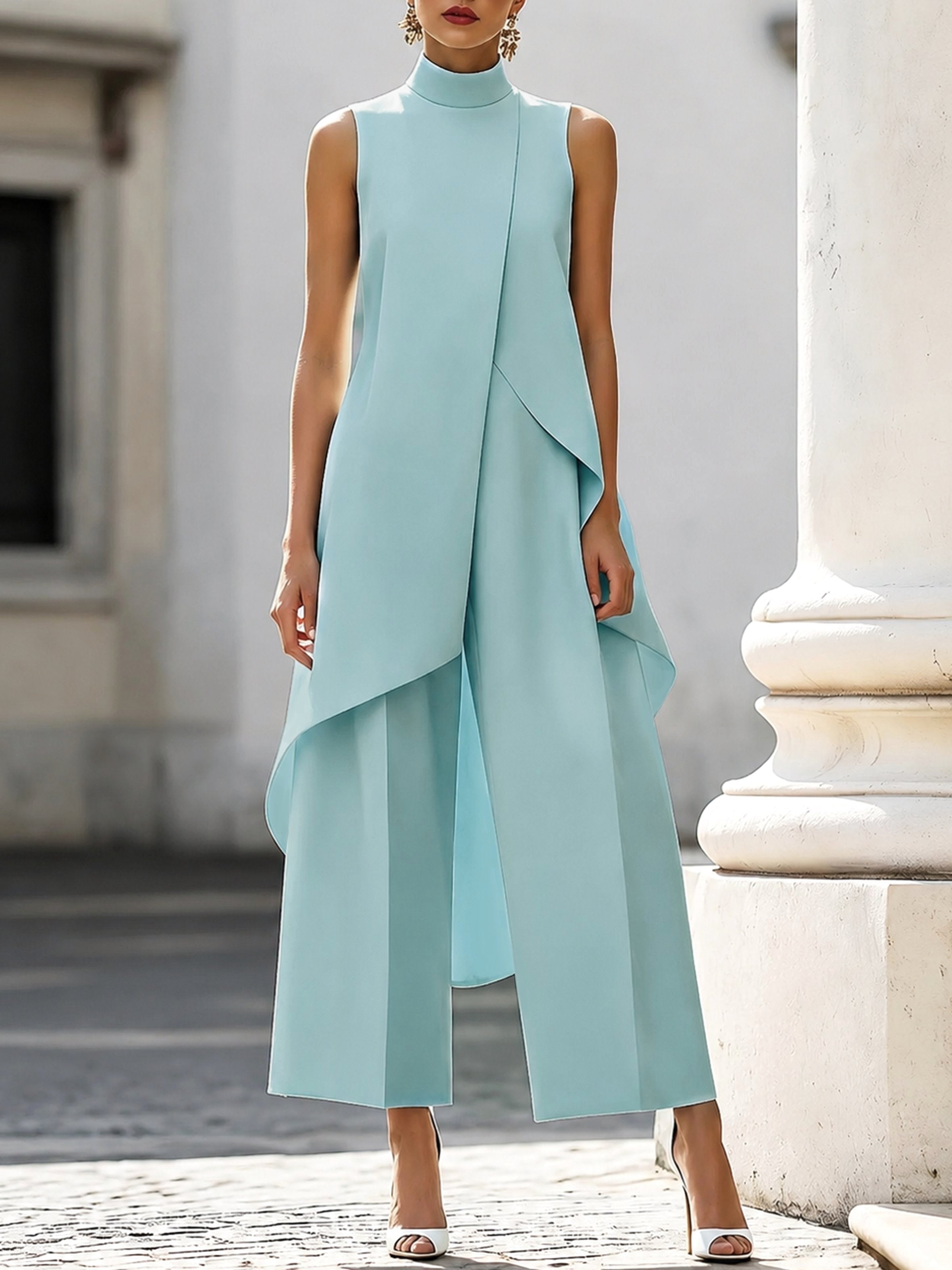 Brooke | Women's High-Neck Asymmetric Top Two-Piece Set, Wide-Leg Trouser Suit | The Shrader Sisters