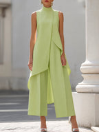 Brooke | Women's High-Neck Asymmetric Top Two-Piece Set, Wide-Leg Trouser Suit | The Shrader Sisters