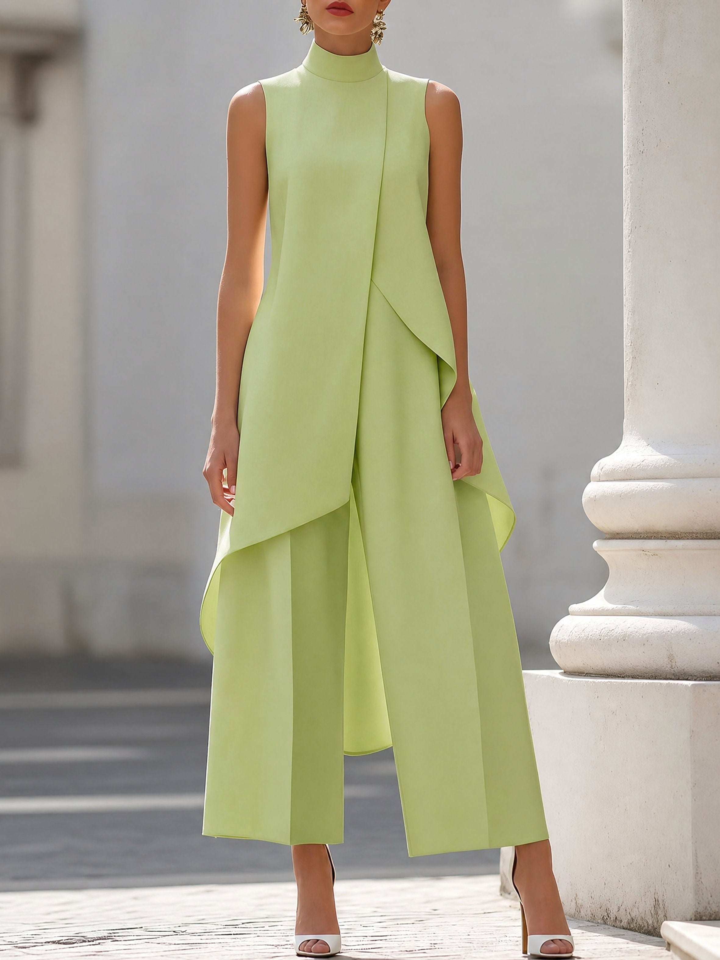 Brooke | Women's High-Neck Asymmetric Top Two-Piece Set, Wide-Leg Trouser Suit | The Shrader Sisters