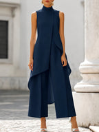 Brooke | Women's High-Neck Asymmetric Top Two-Piece Set, Wide-Leg Trouser Suit | The Shrader Sisters