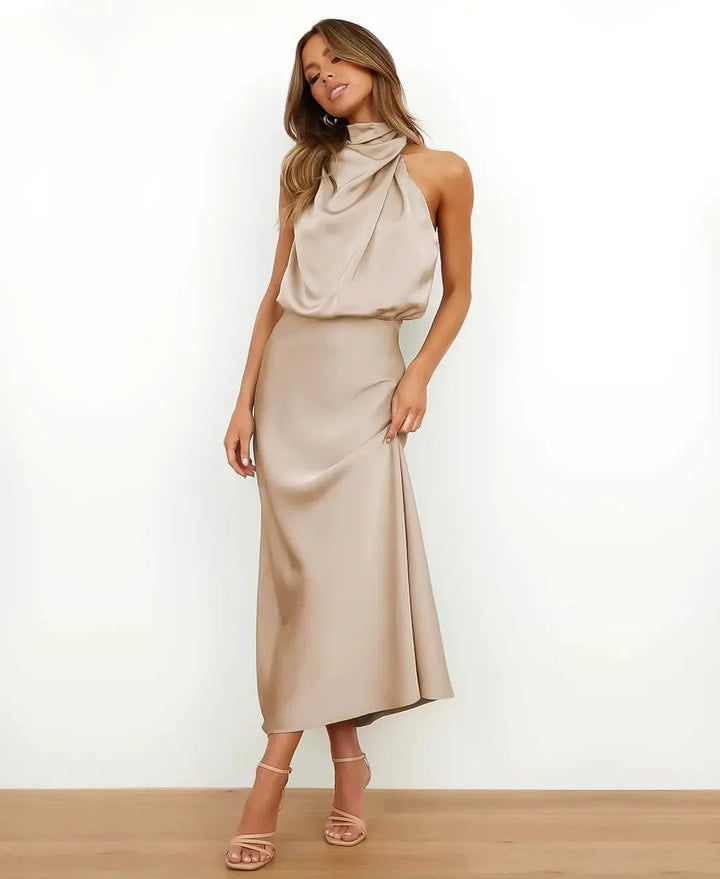 Brooke | Women's Sleeveless High-Neck Midi Dress - Apricot