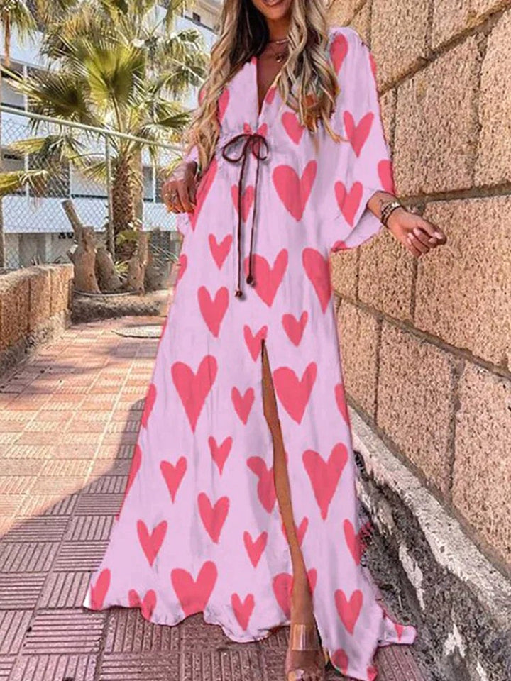 Cadence | Women's Long Loose Sleeve Maxi Dress - Pink Hearts