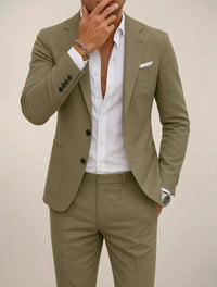 Callan | Men's Tailored Suit, Structured Jacket and Trousers Two-Piece Suit | The Shrader Sisters | Khaki Green