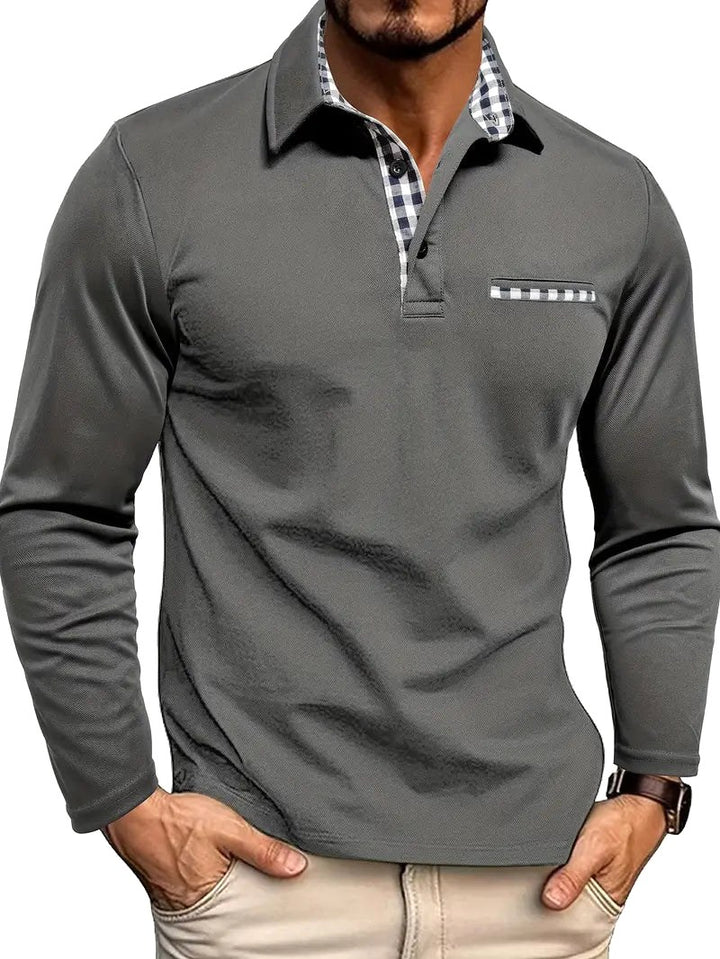 Callum | Men's Long-Sleeved Polo Shirt, Smart Check Collar Polo Shirt | The Shrader Sisters | Grey
