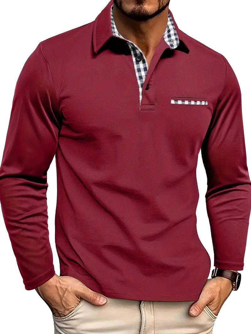 Callum | Men's Long-Sleeved Polo Shirt, Smart Check Collar Polo Shirt | The Shrader Sisters | Bordeaux red