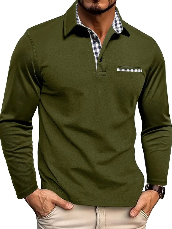 Callum | Men's Long-Sleeved Polo Shirt, Smart Check Collar Polo Shirt | The Shrader Sisters | Olive Green