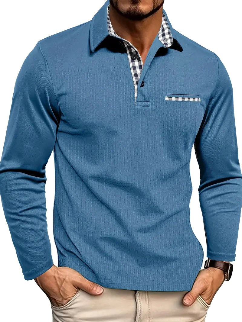 Callum | Men's Long-Sleeved Polo Shirt, Smart Check Collar Polo Shirt | The Shrader Sisters | Light blue