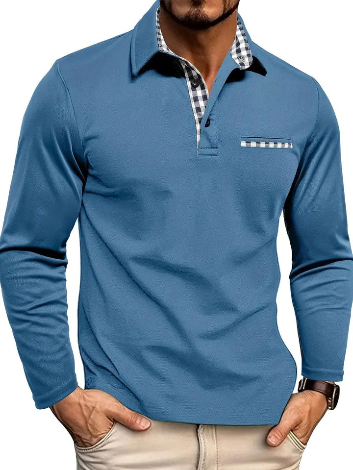 Callum | Men's Long-Sleeved Polo Shirt, Smart Check Collar Polo Shirt | The Shrader Sisters | Light blue