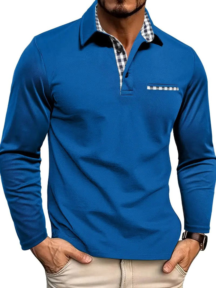 Callum | Men's Long-Sleeved Polo Shirt, Smart Check Collar Polo Shirt | The Shrader Sisters | Blue