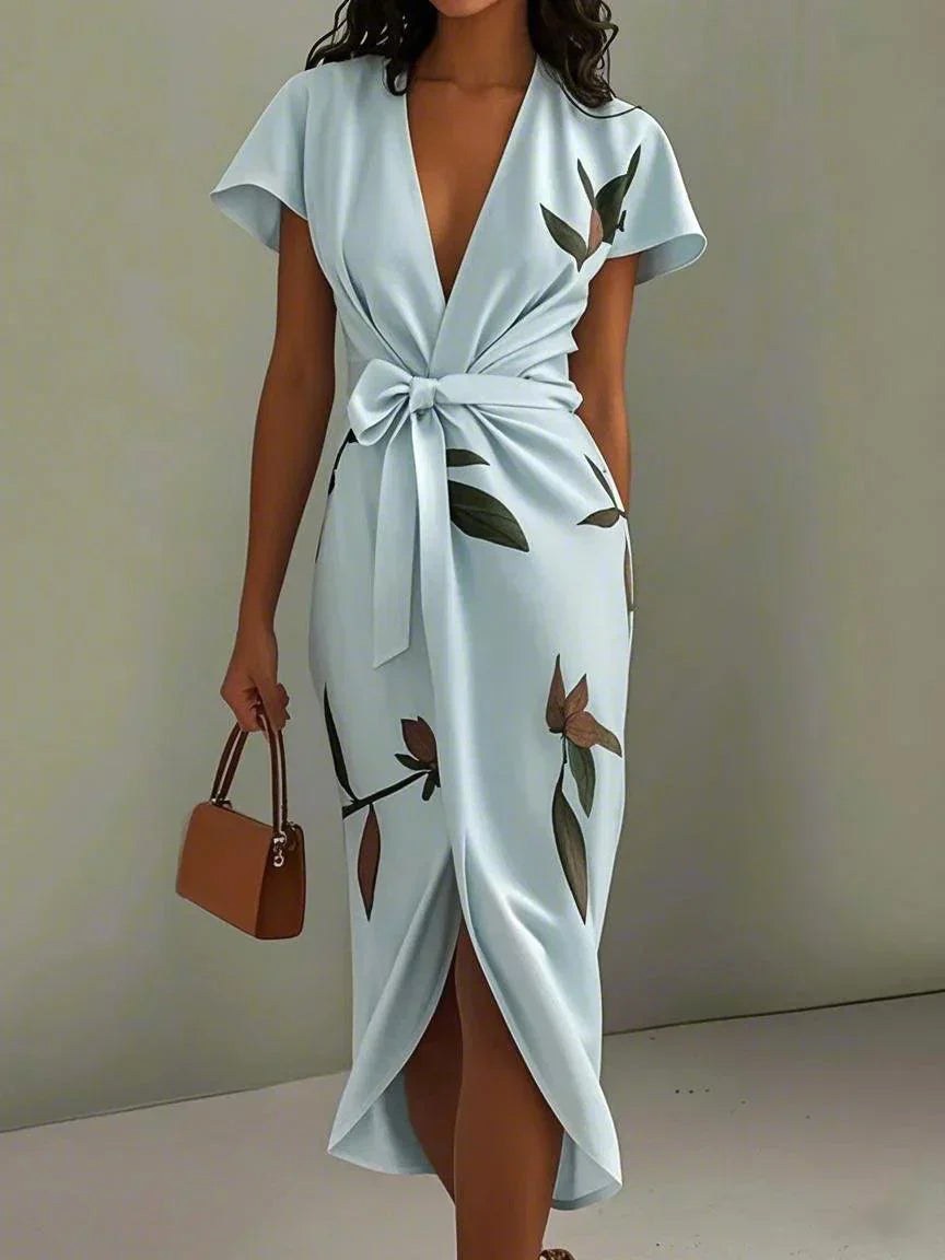 Camille | Women's Elegant Wrap Dress with Adjustable Waist - Blue