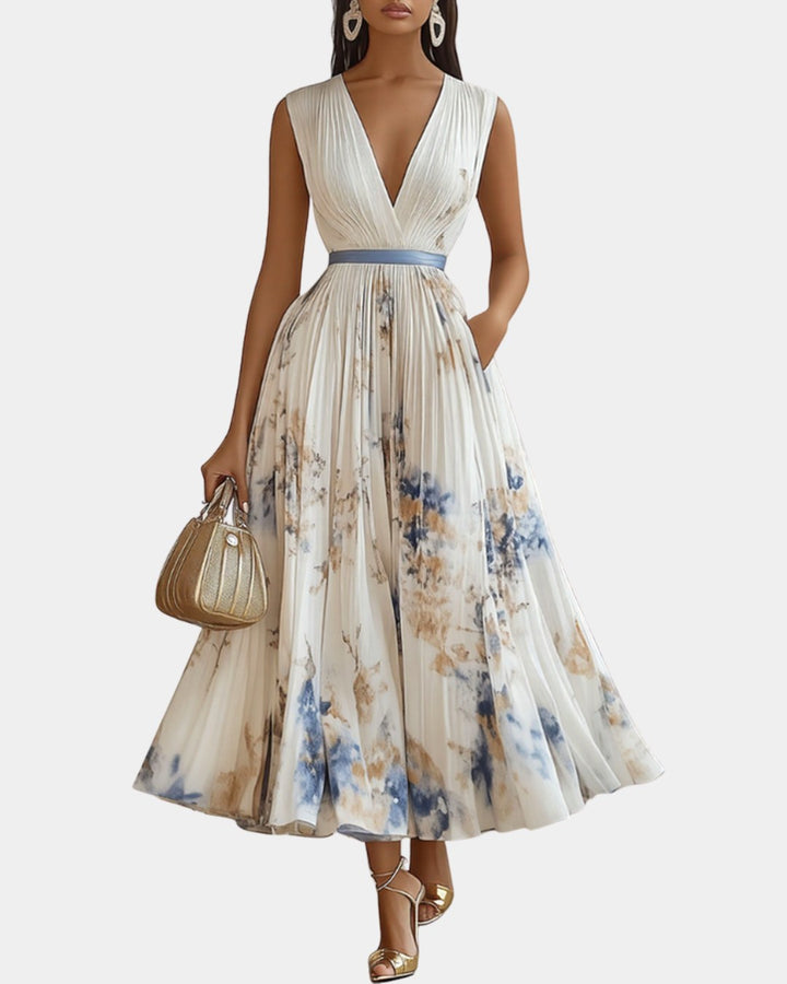 Caroline | Women's Pleated V-Neck Maxi Dress - White