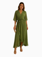 Casey | Women's Wrap-Front Chiffon Midi Dress, Flowing Occasion Dress | The Shrader Sisters | Olijf Groen