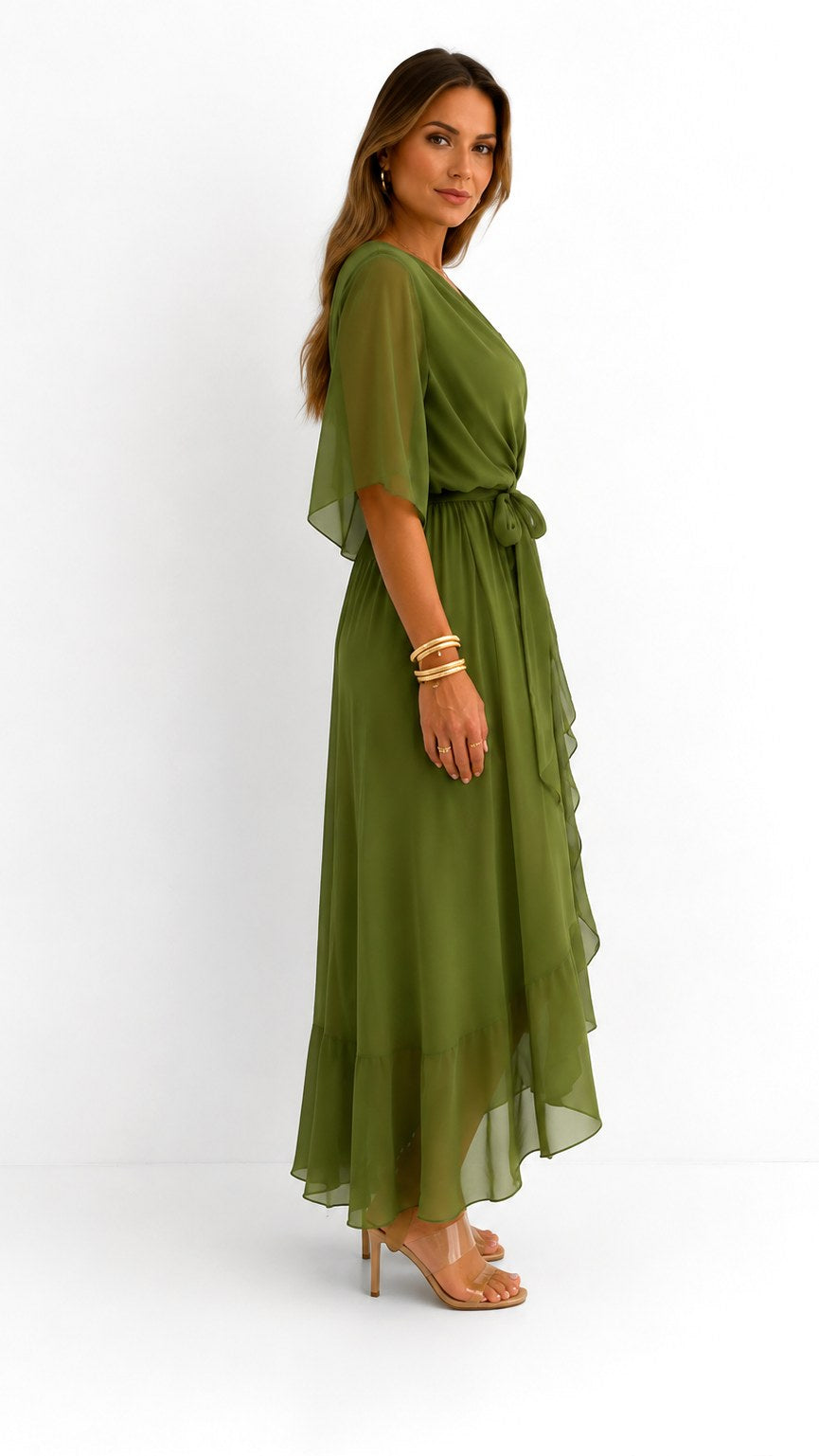 Casey | Women's Wrap-Front Chiffon Midi Dress, Flowing Occasion Dress | The Shrader Sisters