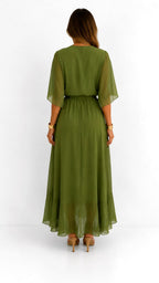 Casey | Women's Wrap-Front Chiffon Midi Dress, Flowing Occasion Dress | The Shrader Sisters