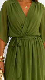 Casey | Women's Wrap-Front Chiffon Midi Dress, Flowing Occasion Dress | The Shrader Sisters