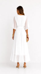 Casey | Women's Wrap-Front Chiffon Midi Dress, Flowing Occasion Dress | The Shrader Sisters