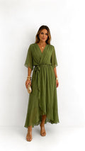 Casey | Women's Wrap-Front Chiffon Midi Dress, Flowing Occasion Dress | The Shrader Sisters | Zwart