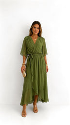 Casey | Women's Wrap-Front Chiffon Midi Dress, Flowing Occasion Dress | The Shrader Sisters | Zwart