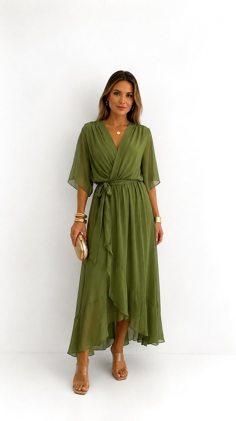 Casey | Women's Wrap-Front Chiffon Midi Dress, Flowing Occasion Dress | The Shrader Sisters | Zwart