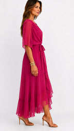 Casey | Women's Wrap-Front Chiffon Midi Dress, Flowing Occasion Dress | The Shrader Sisters