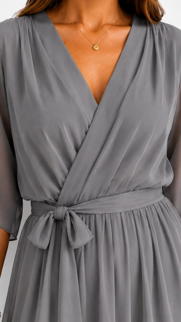 Casey | Women's Wrap-Front Chiffon Midi Dress, Flowing Occasion Dress | The Shrader Sisters