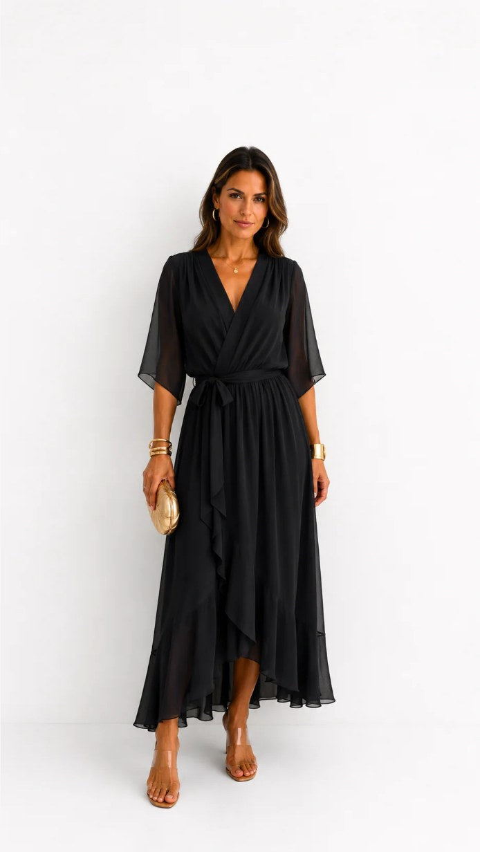Casey | Women's Wrap-Front Chiffon Midi Dress, Flowing Occasion Dress | The Shrader Sisters | Blauw