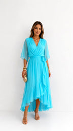 Casey | Women's Wrap-Front Chiffon Midi Dress, Flowing Occasion Dress | The Shrader Sisters | Roze