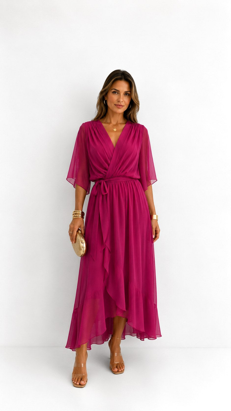 Casey | Women's Wrap-Front Chiffon Midi Dress, Flowing Occasion Dress | The Shrader Sisters | Grijs