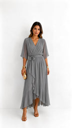 Casey | Women's Wrap-Front Chiffon Midi Dress, Flowing Occasion Dress | The Shrader Sisters | Wit