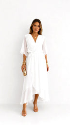 Casey | Women's Wrap-Front Chiffon Midi Dress, Flowing Occasion Dress | The Shrader Sisters | Bordeaux Rood