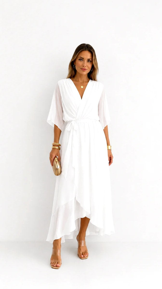 Casey | Women's Wrap-Front Chiffon Midi Dress, Flowing Occasion Dress | The Shrader Sisters | Bordeaux Rood