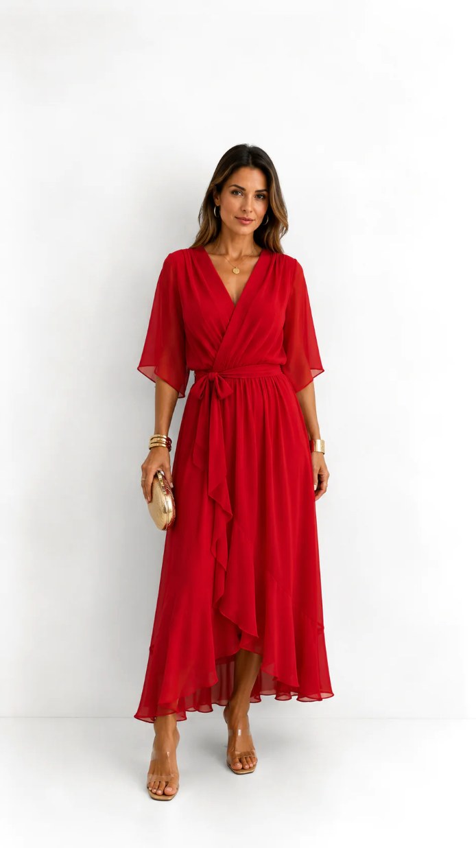 Casey | Women's Wrap-Front Chiffon Midi Dress, Flowing Occasion Dress | The Shrader Sisters | Oranje