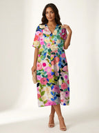 Cassandra | Women's Lightweight Midi Dress with Nature Print, V-Neck Midi Dress | The Shrader Sisters | Bloem 1
