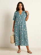 Cassandra | Women's Lightweight Midi Dress with Nature Print, V-Neck Midi Dress | The Shrader Sisters | Bloem 10