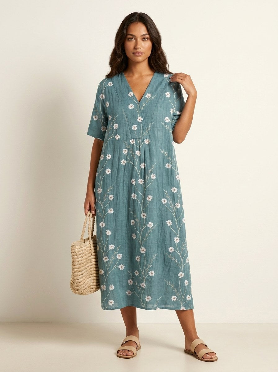 Cassandra | Women's Lightweight Midi Dress with Nature Print, V-Neck Midi Dress | The Shrader Sisters | Bloem 10