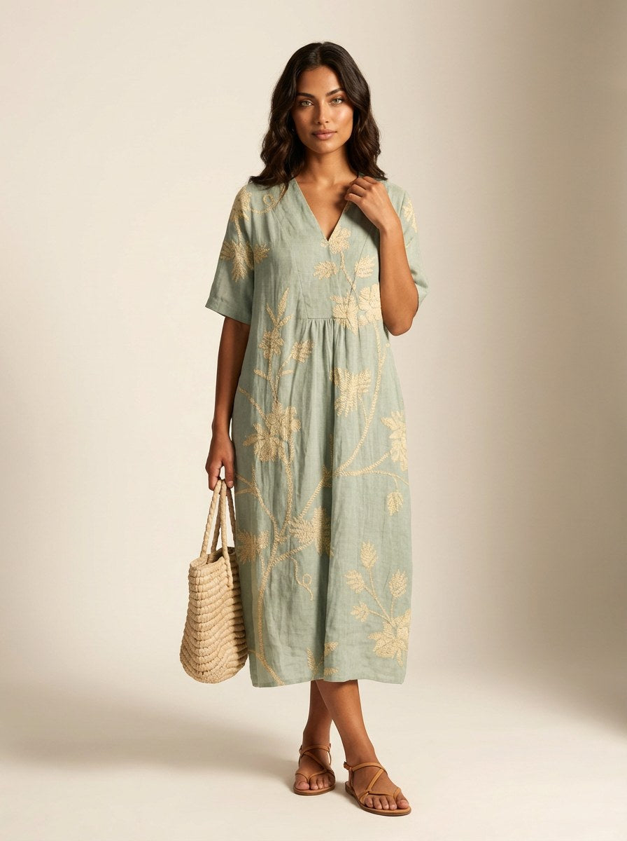 Cassandra | Women's Lightweight Midi Dress with Nature Print, V-Neck Midi Dress | The Shrader Sisters | Bloem 11
