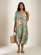 Cassandra | Women's Lightweight Midi Dress with Nature Print, V-Neck Midi Dress | The Shrader Sisters | Bloem 12