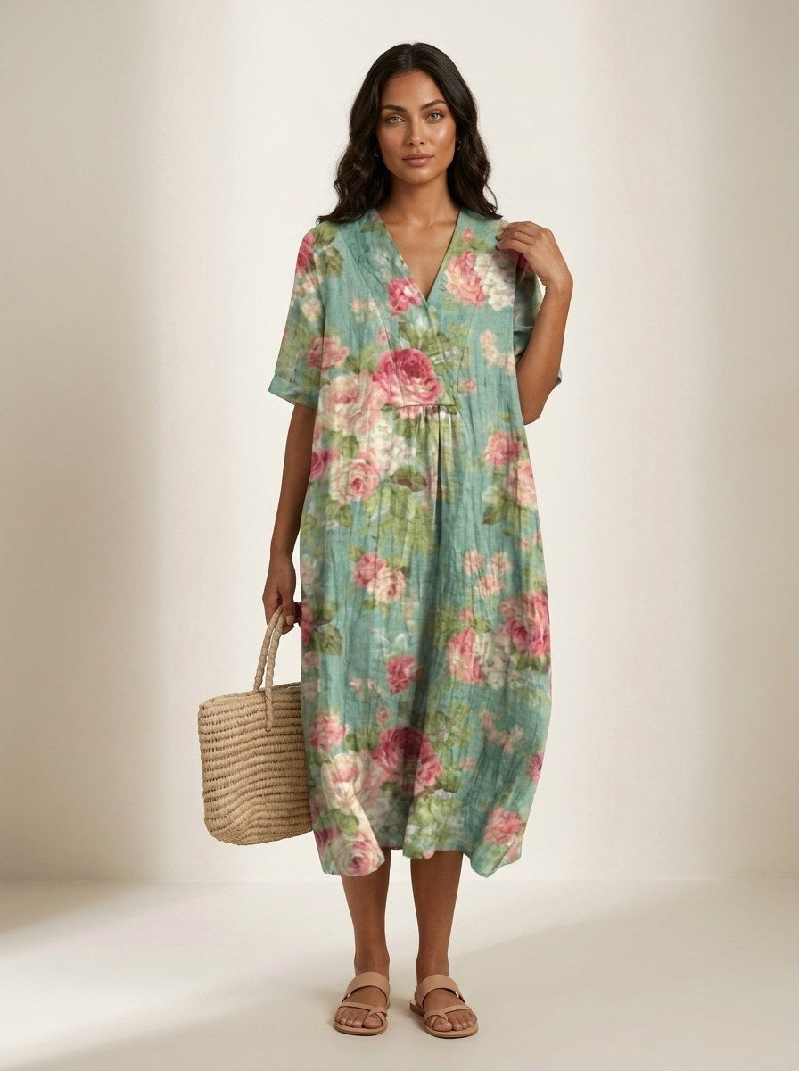 Cassandra | Women's Lightweight Midi Dress with Nature Print, V-Neck Midi Dress | The Shrader Sisters | Bloem 12