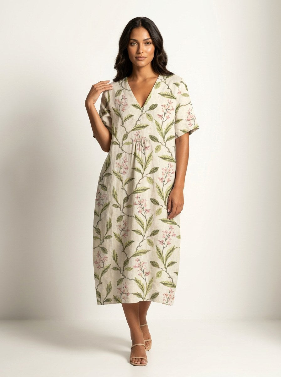 Cassandra | Women's Lightweight Midi Dress with Nature Print, V-Neck Midi Dress | The Shrader Sisters | Bloem 13