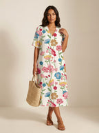 Cassandra | Women's Lightweight Midi Dress with Nature Print, V-Neck Midi Dress | The Shrader Sisters | Bloem 15