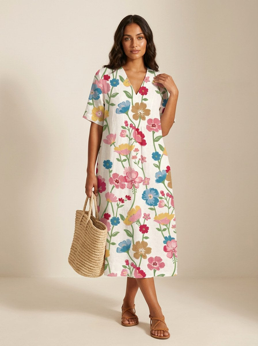 Cassandra | Women's Lightweight Midi Dress with Nature Print, V-Neck Midi Dress | The Shrader Sisters | Bloem 15
