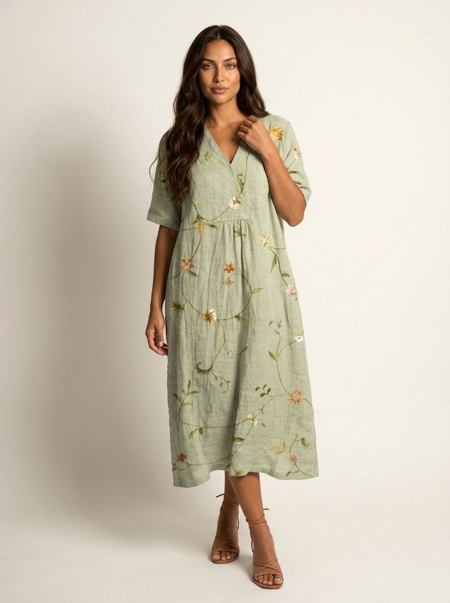 Cassandra | Women's Lightweight Midi Dress with Nature Print, V-Neck Midi Dress | The Shrader Sisters | Bloem 2