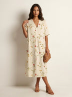 Cassandra | Women's Lightweight Midi Dress with Nature Print, V-Neck Midi Dress | The Shrader Sisters | Bloem 5