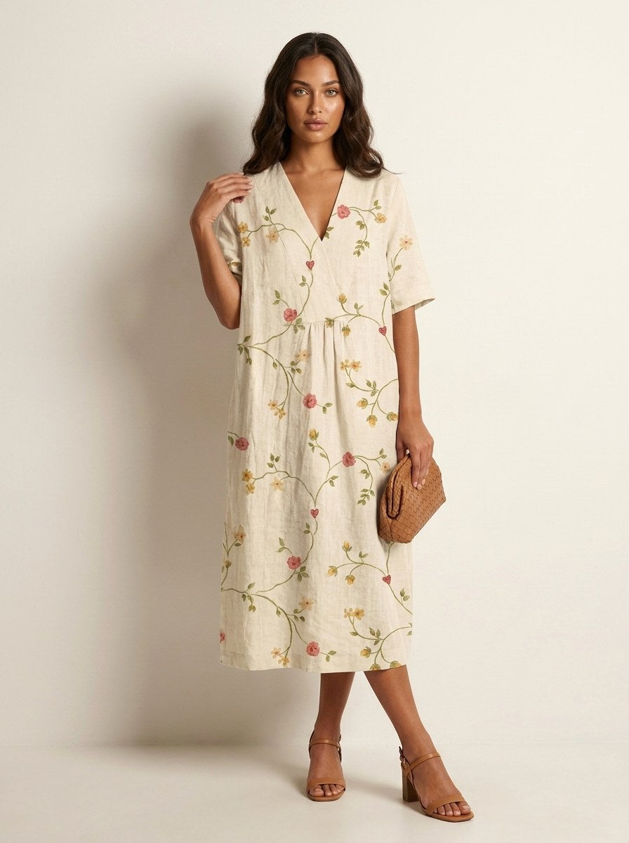 Cassandra | Women's Lightweight Midi Dress with Nature Print, V-Neck Midi Dress | The Shrader Sisters | Bloem 5