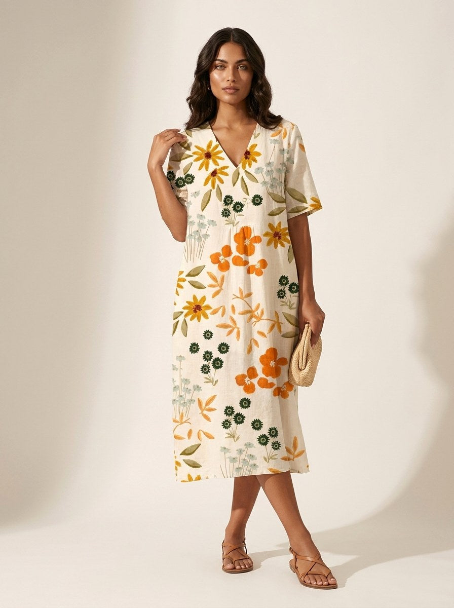 Cassandra | Women's Lightweight Midi Dress with Nature Print, V-Neck Midi Dress | The Shrader Sisters | Bloem 6