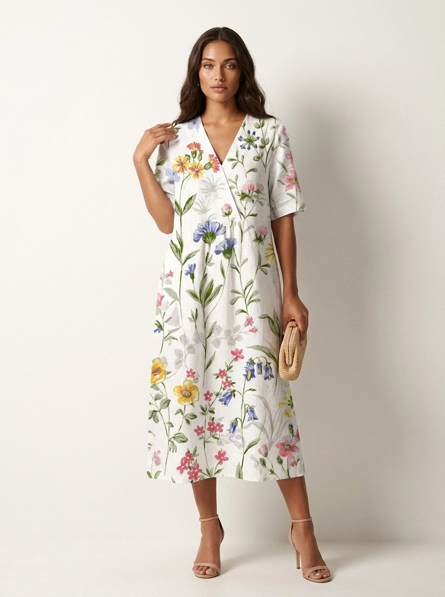 Cassandra | Women's Lightweight Midi Dress with Nature Print, V-Neck Midi Dress | The Shrader Sisters | Bloem 7