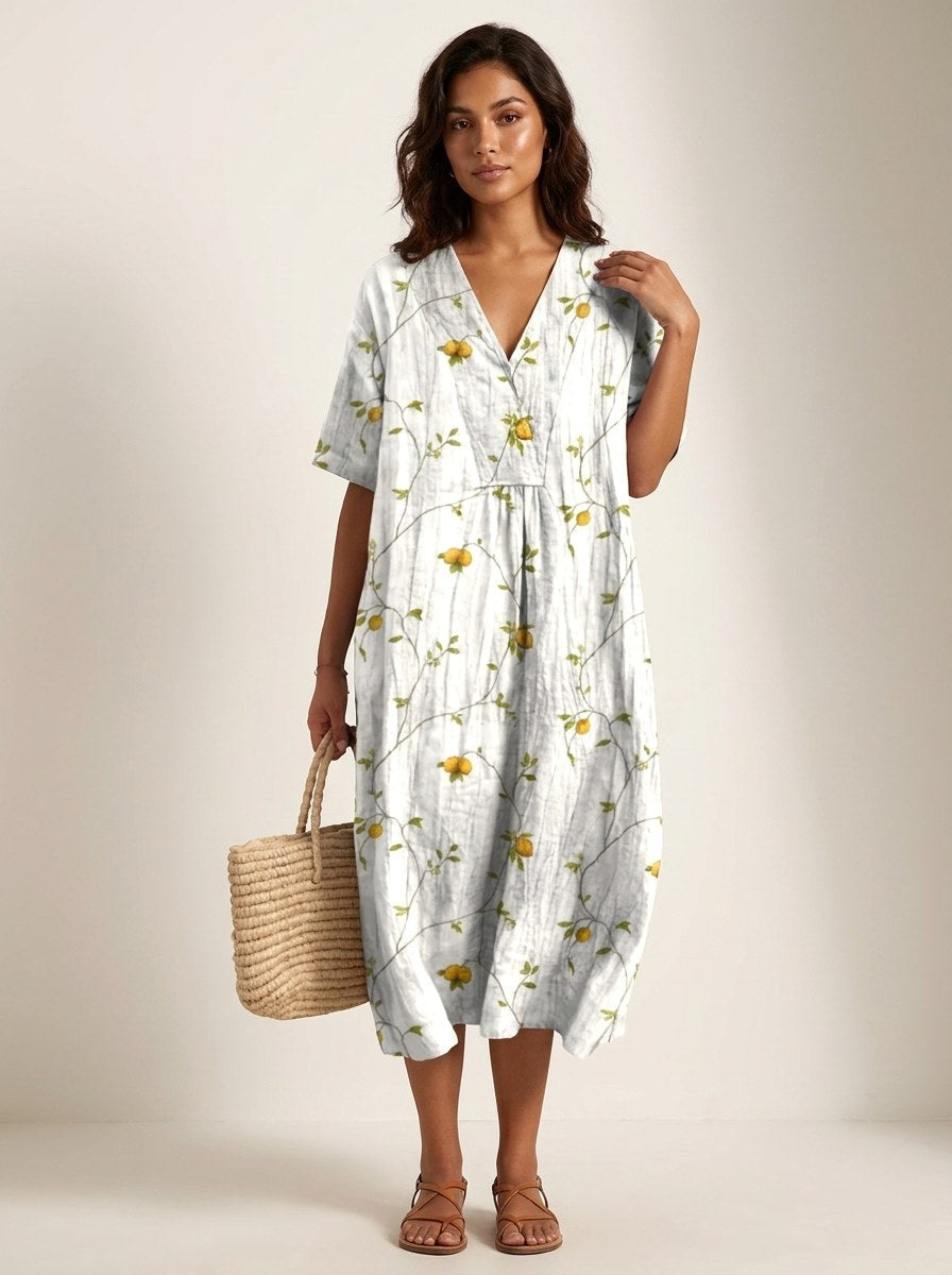 Cassandra | Women's Lightweight Midi Dress with Nature Print, V-Neck Midi Dress | The Shrader Sisters | Bloem 8