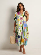 Cassandra | Women's Lightweight Midi Dress with Nature Print, V-Neck Midi Dress | The Shrader Sisters | Bloem 9