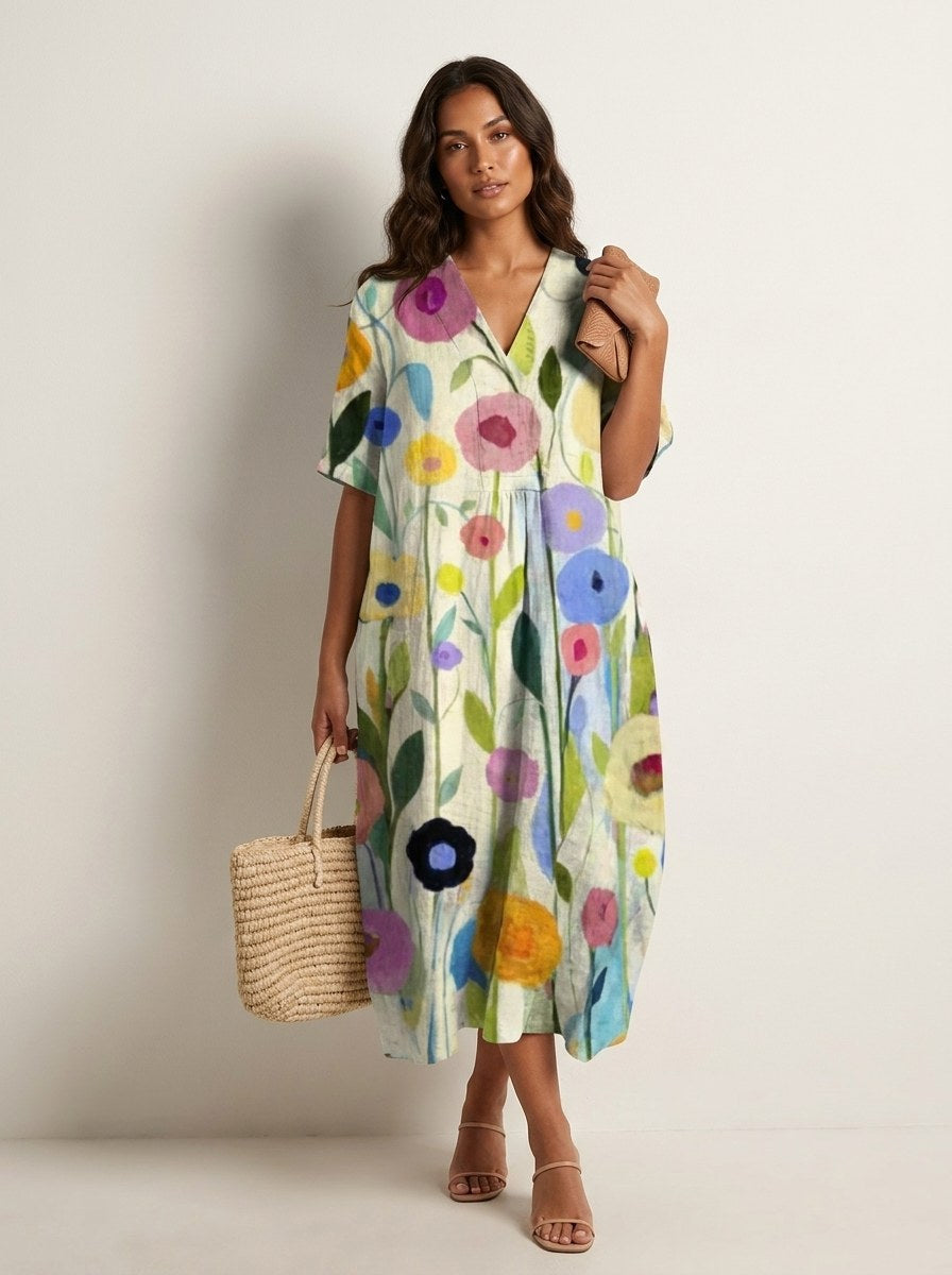 Cassandra | Women's Lightweight Midi Dress with Nature Print, V-Neck Midi Dress | The Shrader Sisters | Bloem 9