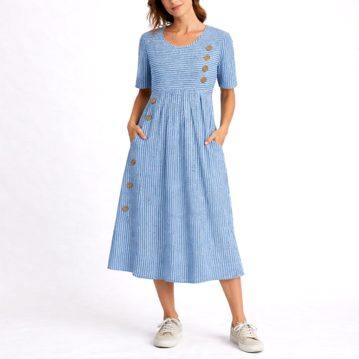 Charli | Women's Striped Midi Dress, Relaxed Lightweight Dress | The Shrader Sisters | Blue